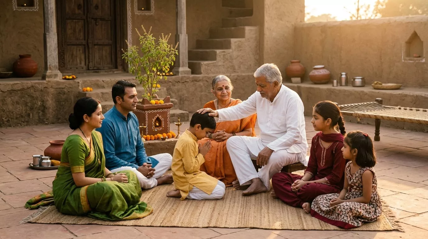 सनातन धर्म में सामाजिक व्यवहार की मर्यादा - परिवार में बड़ों का सम्मान और वसुधैव कुटुम्बकम् की भावना दर्शाता दृश्य